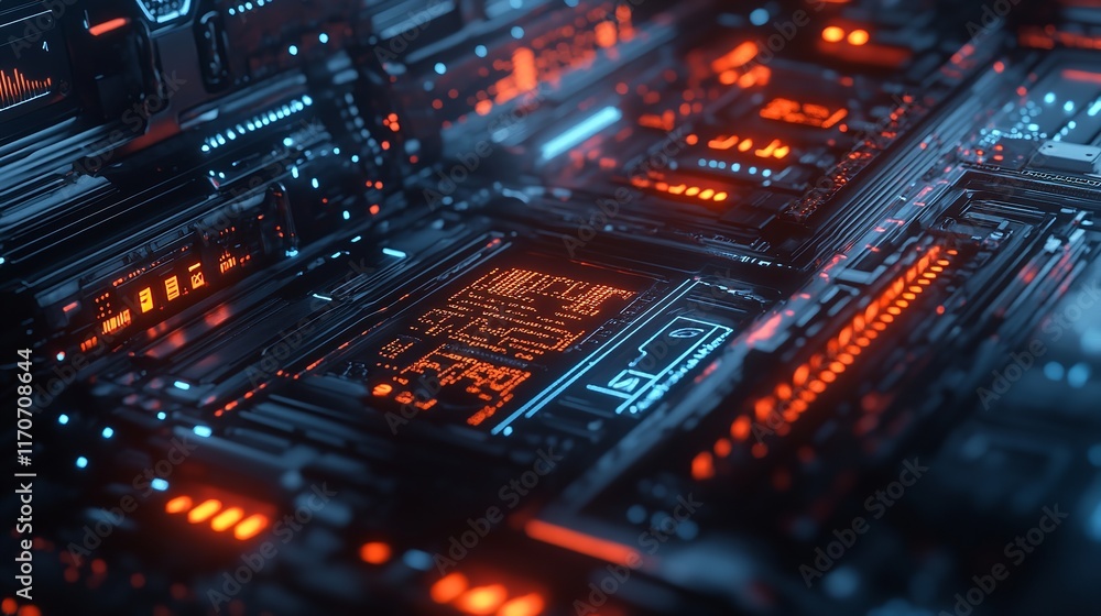 Poster abstract futuristic circuit board digital technology background orange blue 3d data grid code lines