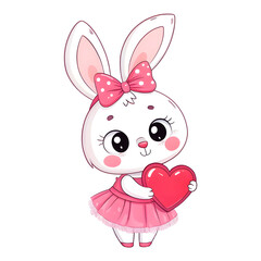 Obraz premium Adorable Cartoon Bunny with Pink Bow and Heart for Valentine's Day
