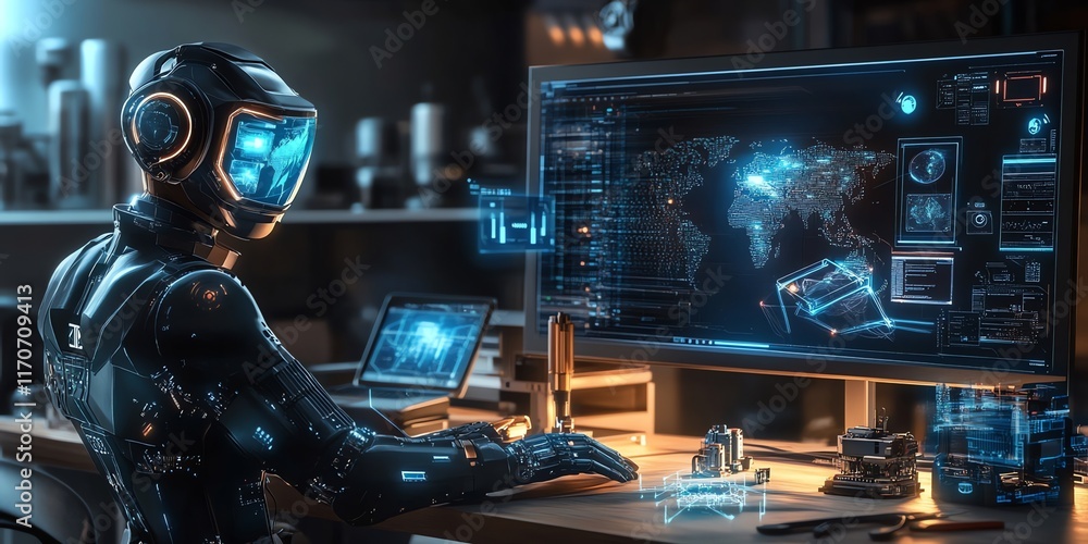 Poster cybernetic robot engineer: futuristic workspace with data visualization