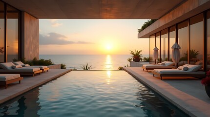 Fototapeta premium Luxurious villa with panoramic views of the sparkling ocean, where the golden rays of the rising sun on the calm waters