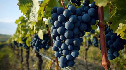 Fototapeta premium Harvesting grapes in a lush vineyard rolling hills nature breathtaking landscape close-up view fresh produce