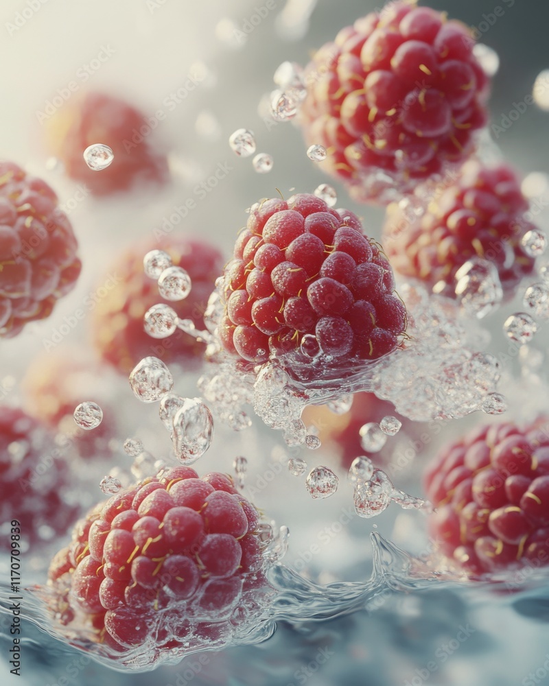 Poster fresh red raspberries splashing in water, creating a refreshing and vibrant scene.