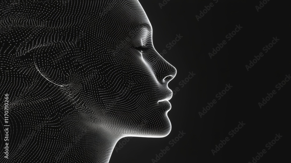 Poster digital silhouette of a human profile with complex lines on a dark background