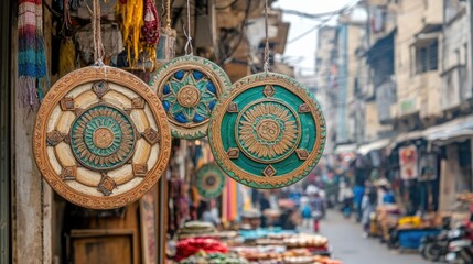 Colorful decorative plates hanging in a vibrant market street.