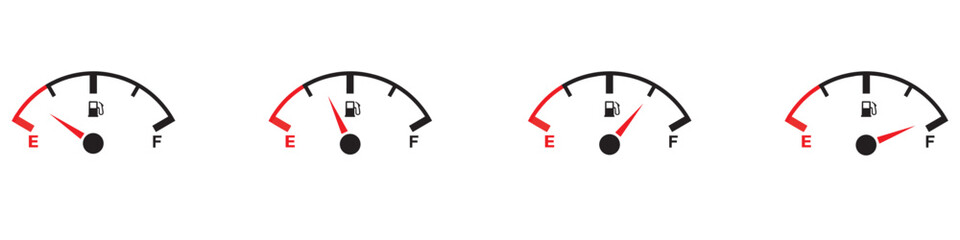 Fuel gauge scale and fuel meter. Fuel indicator. Gas tank gauge. Speedometer, tachometer, indicator icons. Performance measurement. White background. Vector illustration. EPS 10 © Yana
