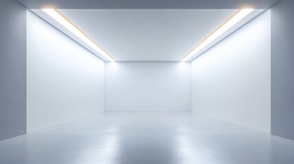 Bright and spacious gallery room with pristine white walls and soft lighting for contemporary art exhibits