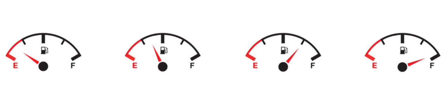 Fuel gauge scale and fuel meter. Fuel indicator. Gas tank gauge. Speedometer, tachometer, indicator icons. Performance measurement. White background. Vector illustration. EPS 10