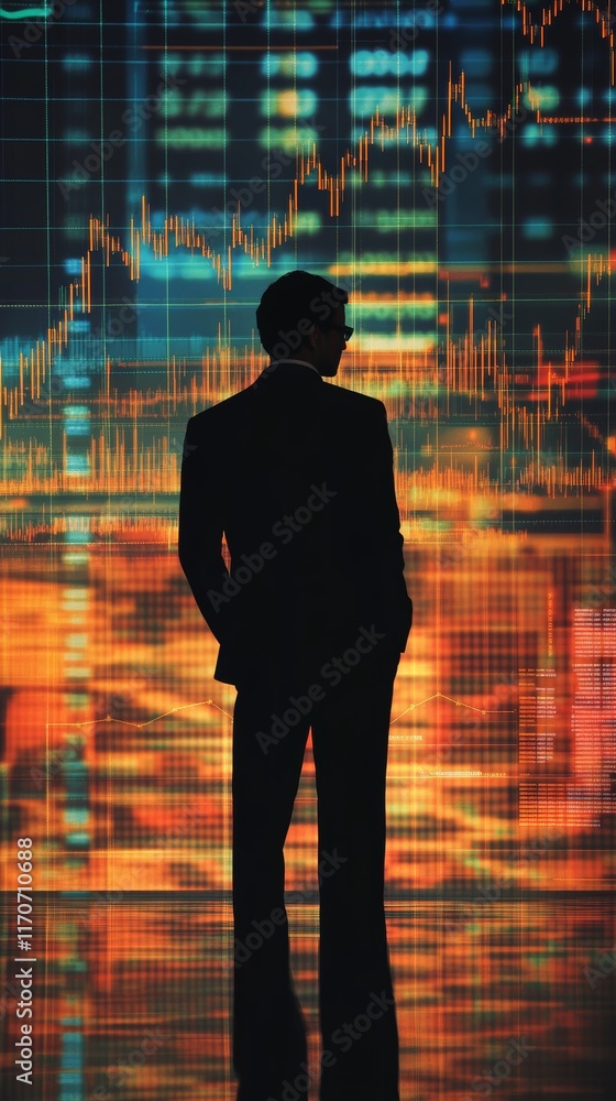 Poster a man in a suit stands in front of a screen with a lot of numbers and lines