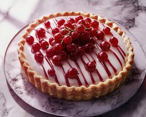 Delicious red currant tart topped with fresh berries, elegantly drizzled with sauce, on a marble surface.