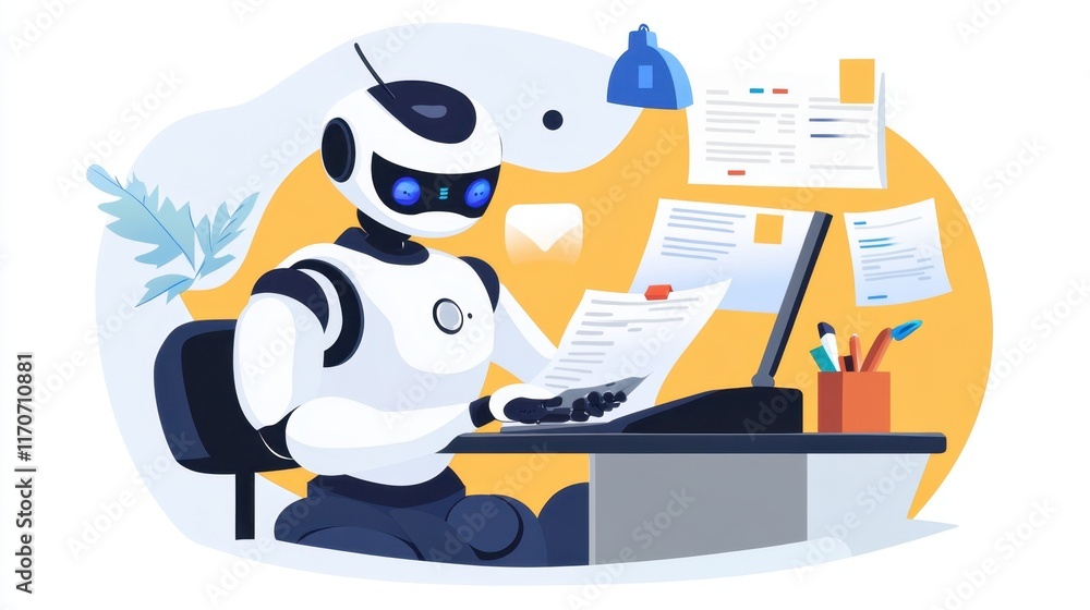 Aufkleber friendly robot working on a computer at a modern office desk