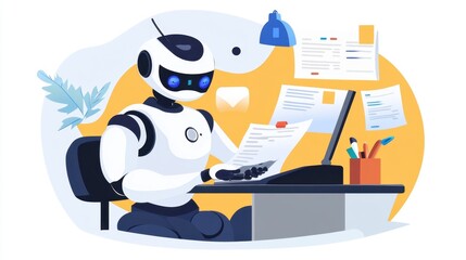 Obraz premium Friendly robot working on a computer at a modern office desk