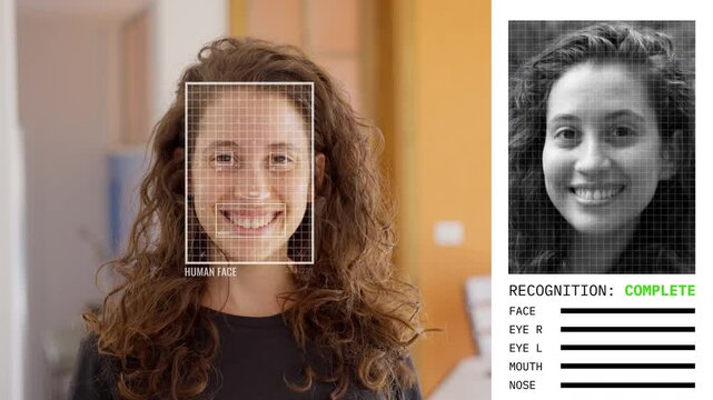 Artificial intelligence algorithm and machine learning recognizes human face of young woman. Identification process using facial expressions and features detecting person face and ID using technology