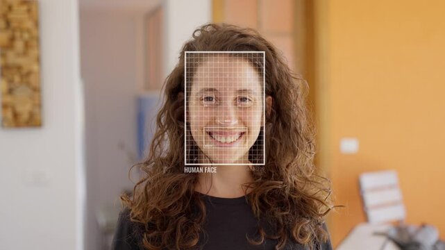Machine learning and artificial intelligence reading and scanning person face to recognize human using ai technology and data algorithm. Identification with facial features of young woman