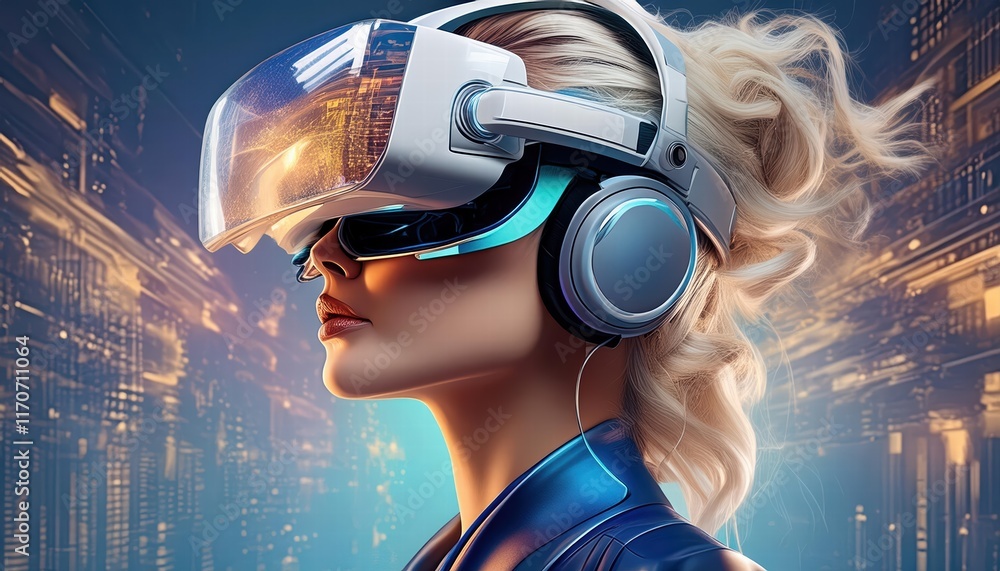 Poster exploring the metaverse a woman engaged with digital device technology through googles headset, imme