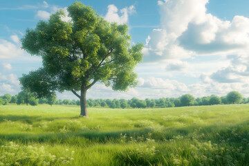 Open meadow with a single oak tree and soft sunlight filtering through. Nature and Serenity mockup, free space for text