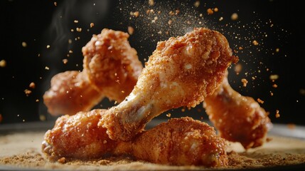 Crispy Fried Chicken Drumsticks Surrounded by Spices and Seasoning