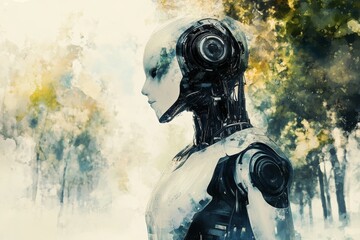 A conceptual image of a futuristic cyborg standing amidst a natural setting