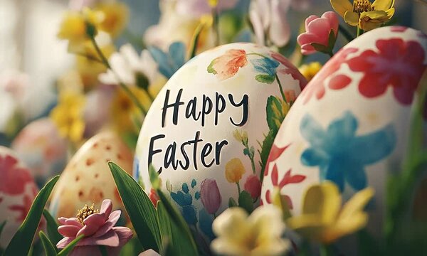 A colorful Easter egg with the words Happy Easter written on it. The egg is surrounded by flowers and is placed in a field