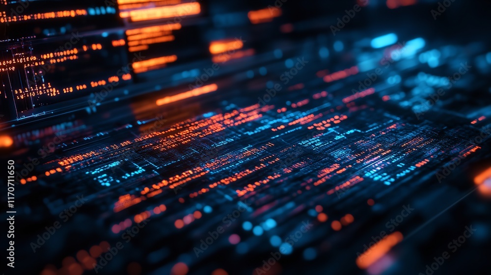 Poster abstract digital code background blue orange glow technology web data text dark neon cyber lines