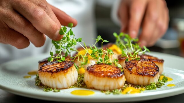 Chef arranging microgreens on seared scallops with citrus reduction