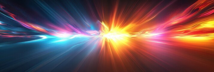 Obraz premium Vibrant abstract digital art showcasing dynamic light and color interplay in an ethereal landscape with bright beams and swirling patterns