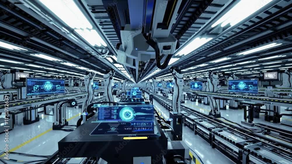 Aufkleber exploring a futuristic factory filled with advanced robotic arms and high-tech machinery
