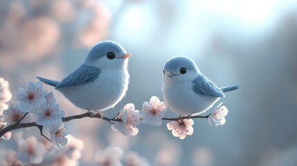 Cartoon-style light blue little birds perched on cherry blossom branches in a serene spring setting