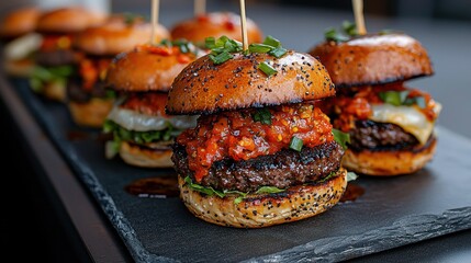 Deconstructed burger platter showcase urban dining scene food gourmet environment close-up view culinary artistry