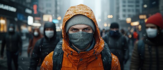 Pedestrians wearing masks navigate smog-filled cityscape amidst urban challenges and environmental awareness