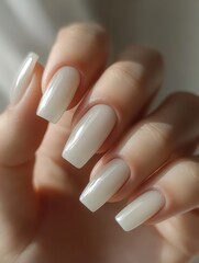 Elegant light grey square nails highlighted in soft natural light for a modern manicure look