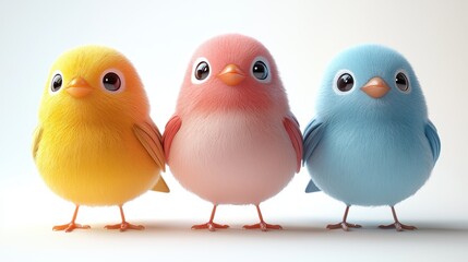 Colorful little birds in a playful cartoon style create a cheerful atmosphere with bright hues and endearing expressions