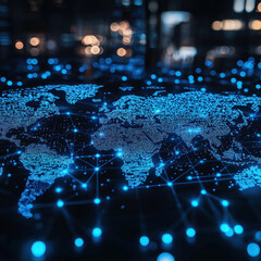 Glowing digital world map with connections.