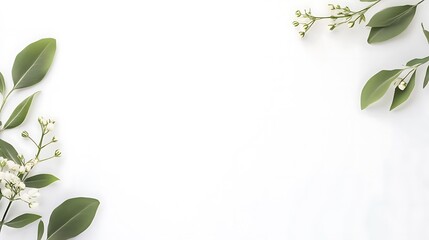 White flowers and green leaves on white background