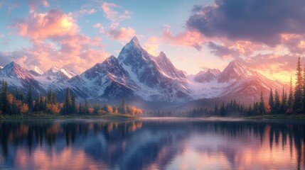 Majestic sunset reflecting off serene lake with vibrant mountain range in the background at golden hour