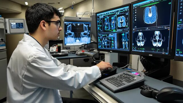 Medical professional analyzes diagnostic images at a healthcare facility during a busy day in the radiology department