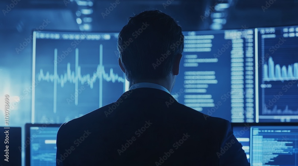 Poster a man is sitting in front of a computer monitor with a blue screen