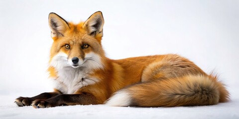 Fototapeta premium Stunning Portrait of a Red Fox Relaxing on a Crisp White Studio Background, Capturing the Beauty and Elegance of Wildlife in a Minimalist Setting