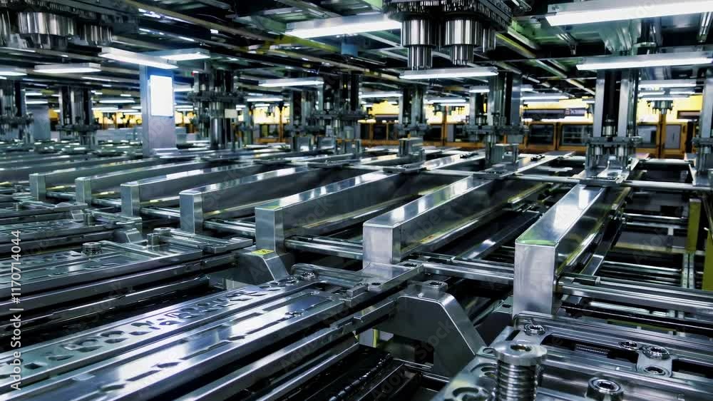 Poster advanced automation machinery in a large manufacturing plant showcasing precise production processes