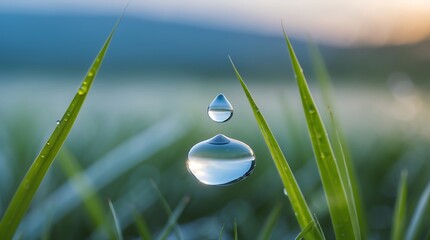 Morning Dew Drops on Grass Blades: Nature's Tiny Reflections