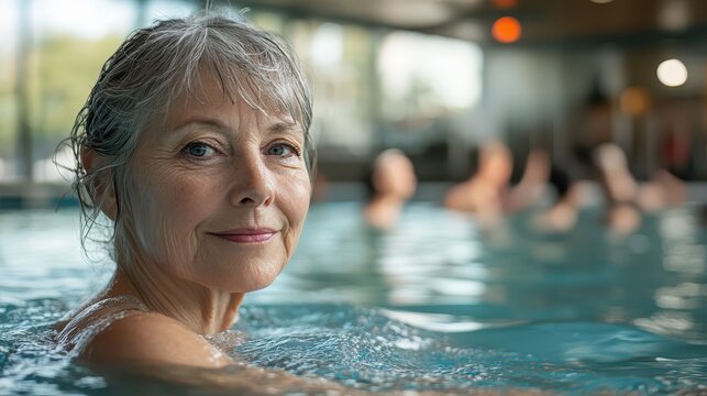 Gray-haired woman enjoys swimming in indoor pool during morning class with other participants