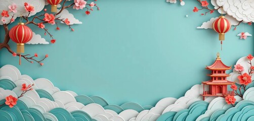 chinese new year background with copy space for text, decorated with chinese oriental ornament, red lantern,  chinese temple,  cloud and Plum blossom flower in paperart style and soft pastel color