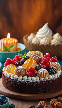 D&eacute;licieux dessert sur la table, un ensemble de bonbons et desserts, fond inhabituel