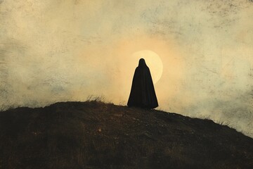 Mysterious Figure Silhouette Against Dramatic Sunset Horizon