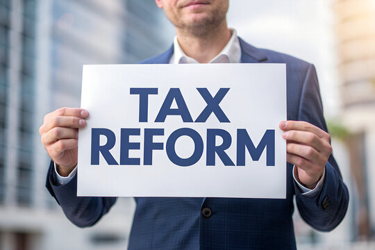 businessman holding sign saying "Tax reform" - close-up