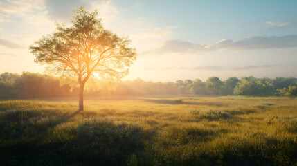 Open meadow with a single oak tree and soft sunlight filtering through. Nature and Serenity mockup, free space for text