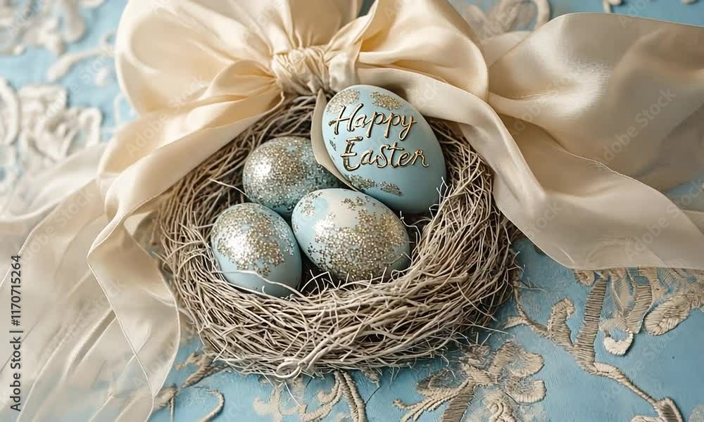 Poster a nest of eggs with a bow around it and the words happy easter written on it. the nest is made of wi
