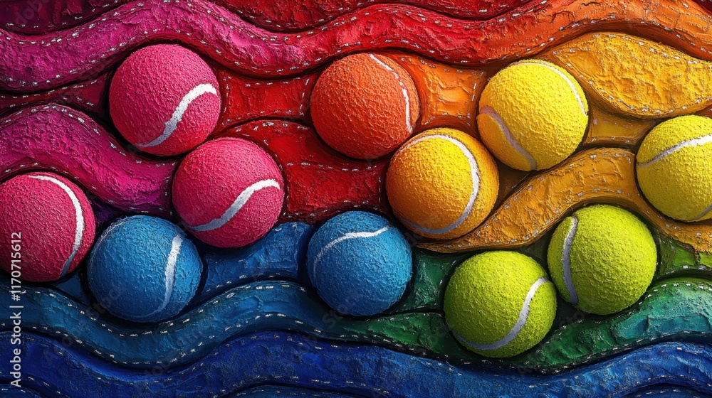 Aufkleber vibrant tennis balls arranged in a colorful wave pattern adding a playful touch to any space. genera