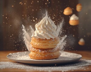 A delectable dessert featuring layered pastry topped with whipped cream and a dusting of powdered sugar.