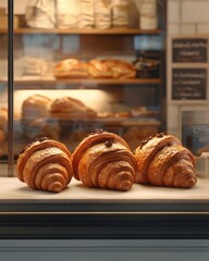 Delicious golden-brown croissants displayed in a bakery case, inviting with their flaky layers.