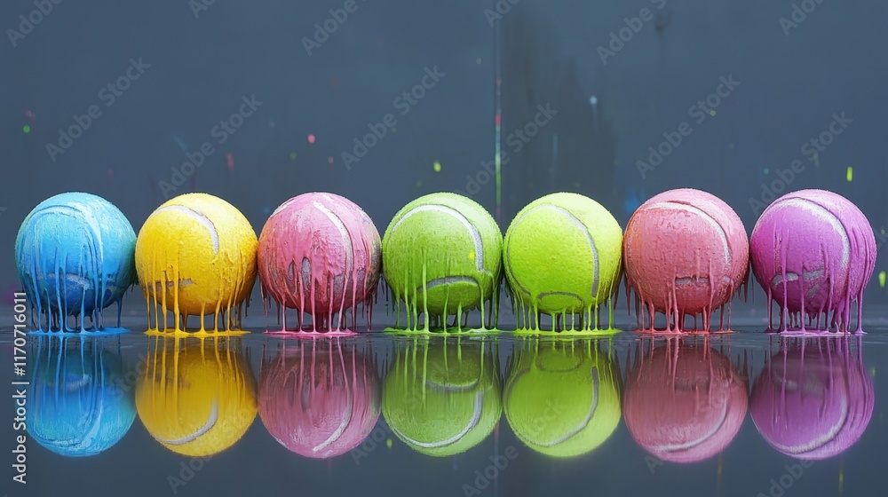 Poster colorful dripping balls create an enchanting display in a vibrant artistic setting during a sunny af